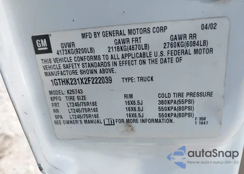 2002 GMC Sierra 2500Hd Sle from USA, damaged, VIN 1GTHK231X2F222039